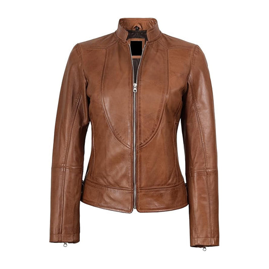 Women's Tan Brown Lambskin Leather Cafe Racer Jacket