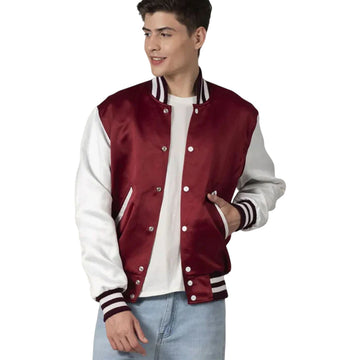 Men's Red Satin Varsity Bomber Jacket With White Sleeves