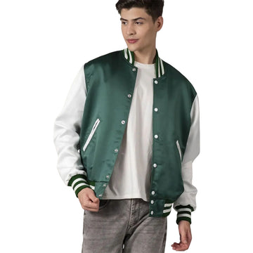 Men's Green Satin Varsity Bomber Jacket With White Sleeves