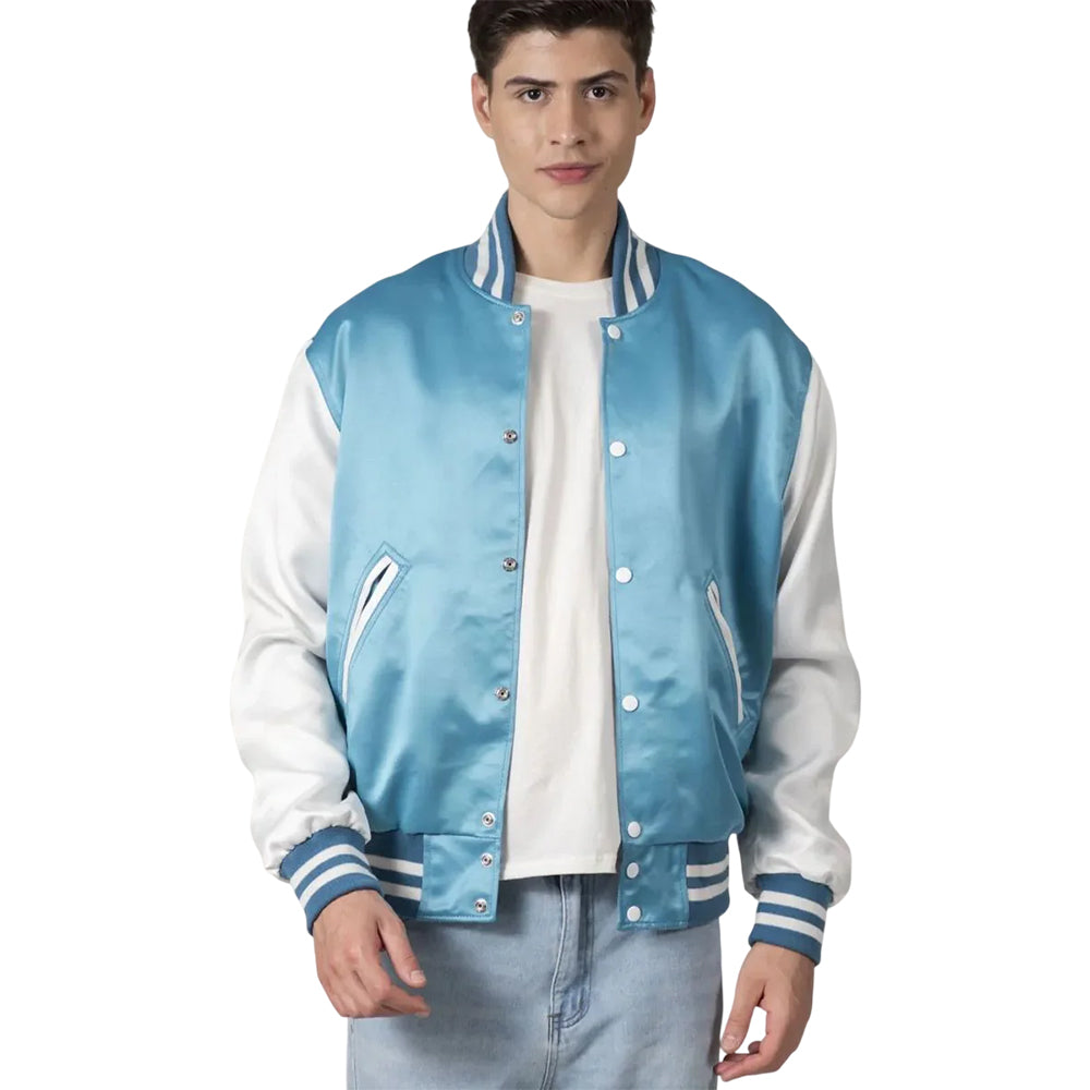 Men's Light Sky Blue Satin Varsity Bomber Jacket With White Sleeves