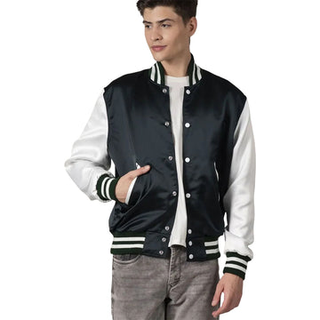 Men's Green Blue Satin Jacket With White Sleeves