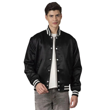Men's Black Satin Varsity Jacket