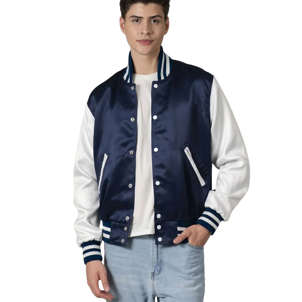 Men's Navy Blue Satin Jacket With White Sleeves FREE SHIPPING