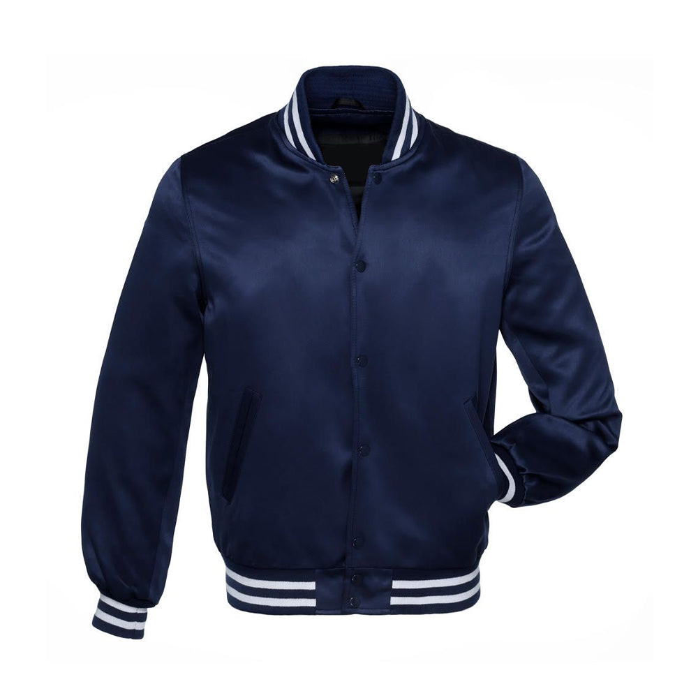 Men's Navy Blue Full-snap Satin Bomber Style Baseball Letterman Varsity Jacket