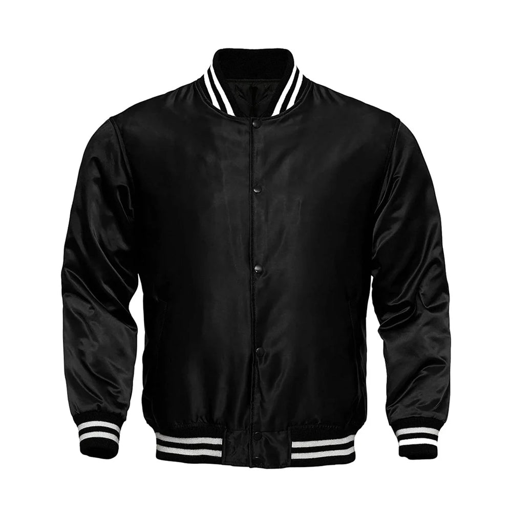 Men's Black Satin Jacket Bomber Style Baseball Letterman Varsity Jacket