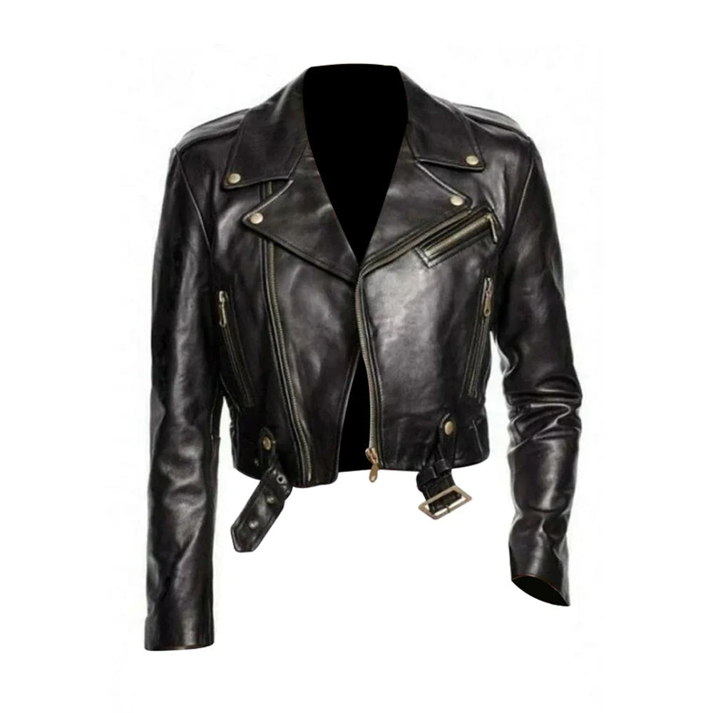 Women's Genuine Leather Biker Jacket - Black Cropped