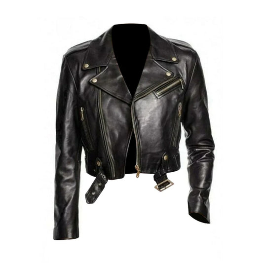 Women's Genuine Leather Biker Jacket - Black Cropped
