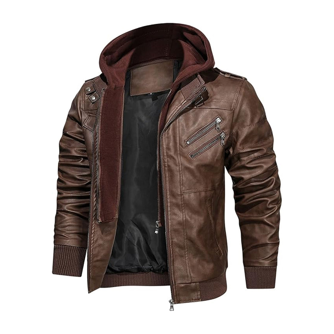 Men’s Real Leather Motorcycle Bomber Jacket With a Removable Hood