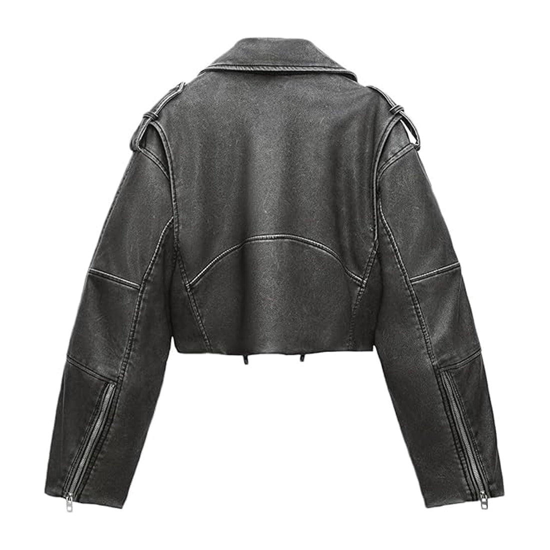 Women Leather Cropped Jacket Lapel Zipper Biker Short Coat with Belt