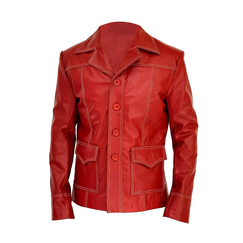 Red Unisex Leather jacket Button-Down Jacket with Contrast White Stitching