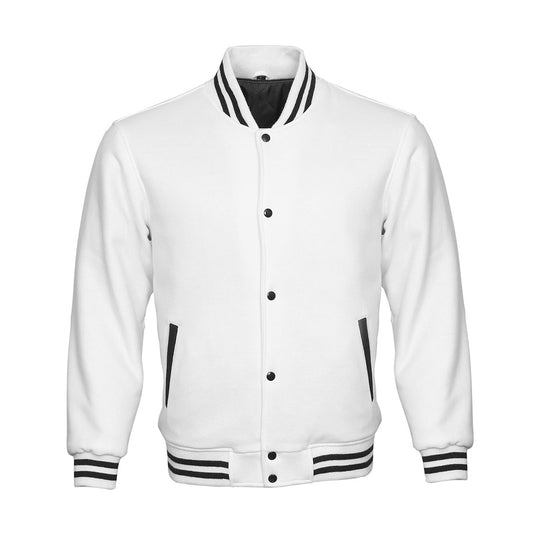 Men and Women Varsity Baseball Jacket College Lettermen Retro Bomber Classic Solid White All Wool Jacket with Black Trimming