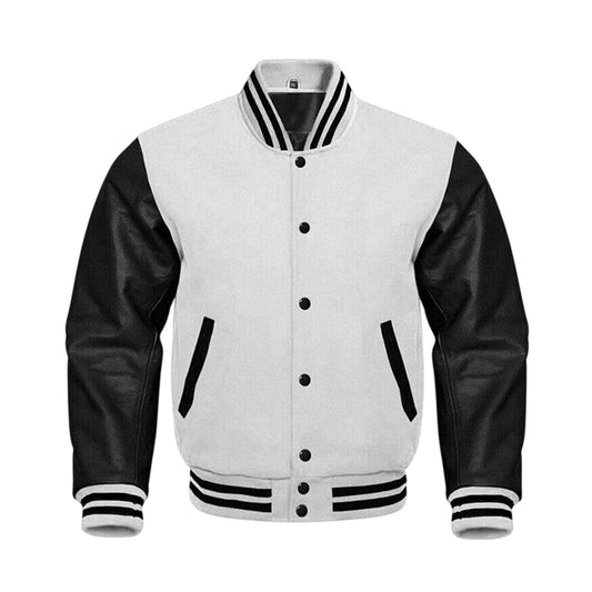 Men and Women Varsity Baseball college lettermen jacket Retro Bomber Solid White Wool & Black Leather Jacket