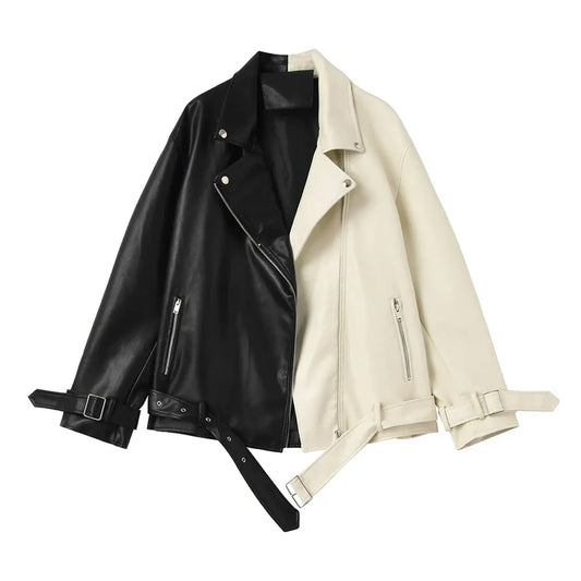 Women's Black & Beige beige leather moto jacket Moto Asymmetric Zip Front Oversized Fit Style
