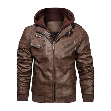 Men’s Real Leather Motorcycle Bomber Jacket With a Removable Hood