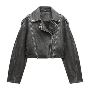 Women Leather Cropped Jacket Lapel Zipper Biker Short Coat with Belt