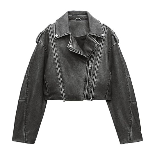 Women Leather Cropped Jacket Lapel Zipper Biker Short Coat with Belt