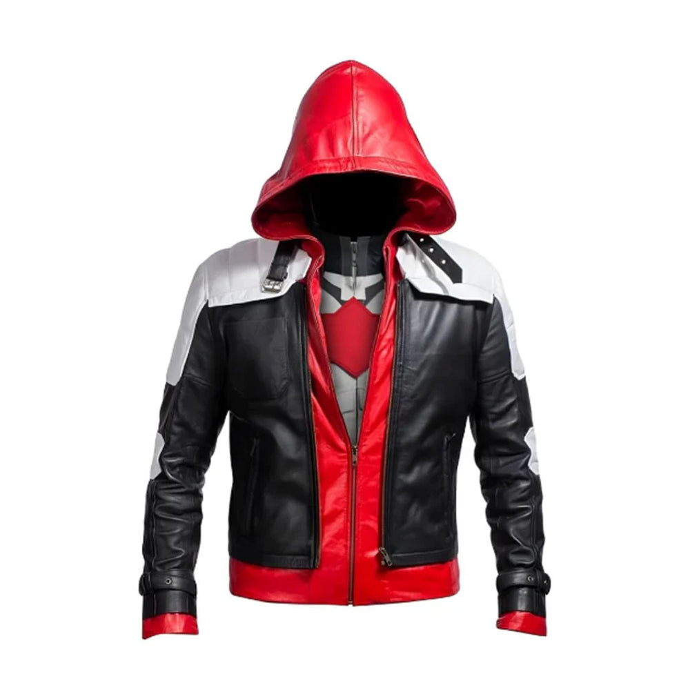 Red Hood Jacket Mens Arkham Jason Todd Bat Logo Black Costume Biker Faux Leather