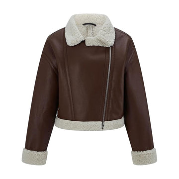 Women's Shearing Moto Jacket Thick Fur Lined Coat Sherpa Leather Jacket