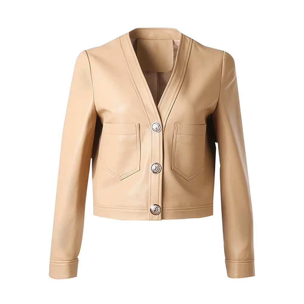 Women's Beige Cropped Real Sheep Leather Korean Fashion Jacket