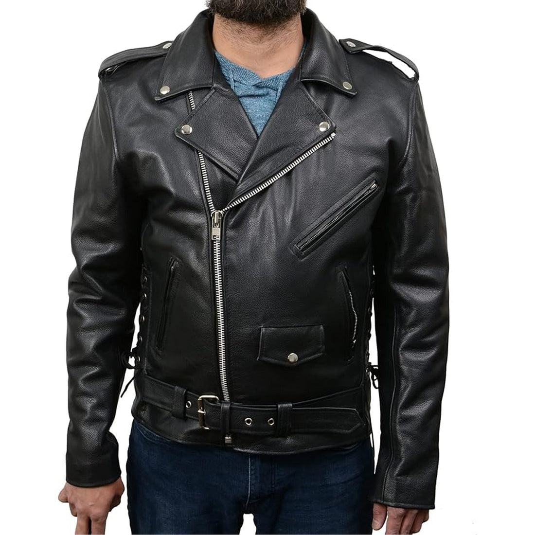 Men's Classic Brando Premium Leather Black Motorcycle Riders Leather Jacket with Side Laces