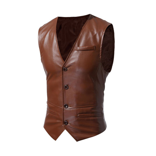 Men's Vest Tan Brown Genuine Sheepskin Sleeveless Vest Casual Business Office Meeting Slim Fit Waistcoat