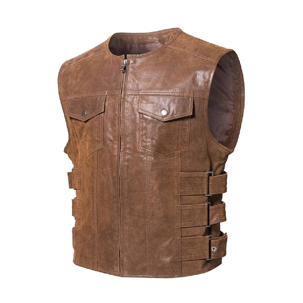 Men's leather vest Vintage Brown Genuine Leather Vest Moto Biker Classic Fit Waistcoat