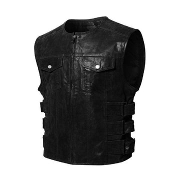 men's leather vest Black Leather Sleeveless Vest Motor Biker Classic Sporty Zip-Up Leather Waistcoat ll Side Adjustment Strap