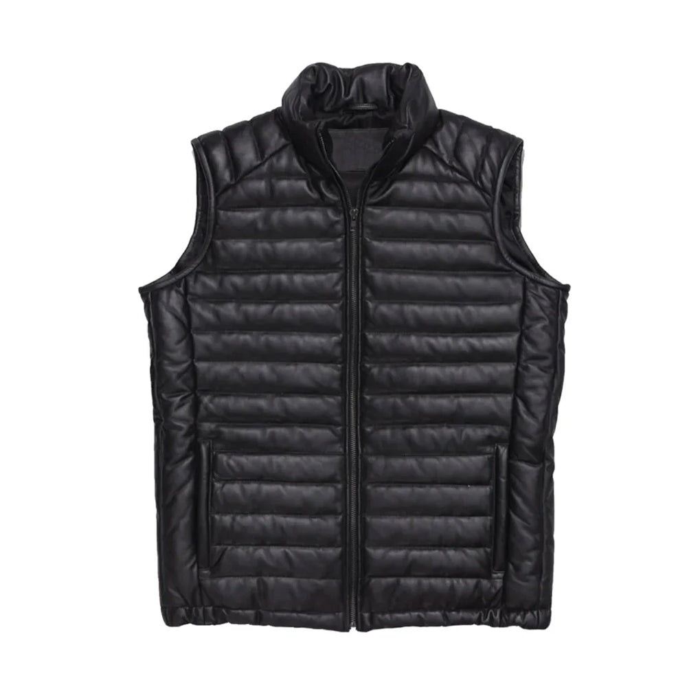 Lightweight Quilted Puffer Vest, Full Zip, High Collar, Black