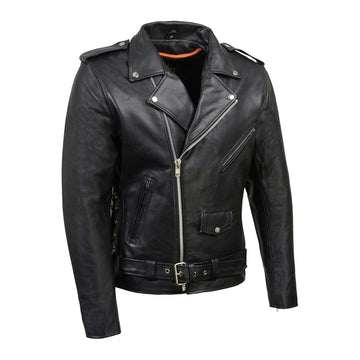 Men's Classic Brando Premium Leather Black Motorcycle Riders Leather Jacket with Side Laces