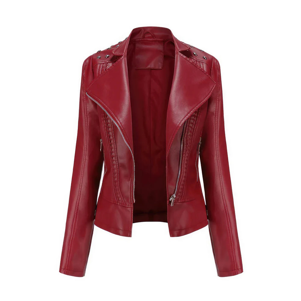Wine Red Biker Sheepskin women's biker jacket with Stud Accents, Asymmetric Zip Closure, Slim Fit Style