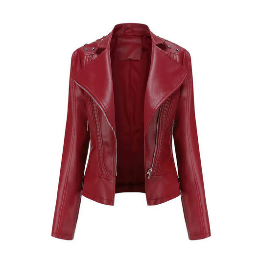 Wine Red Biker Sheepskin women's biker jacket with Stud Accents, Asymmetric Zip Closure, Slim Fit Style