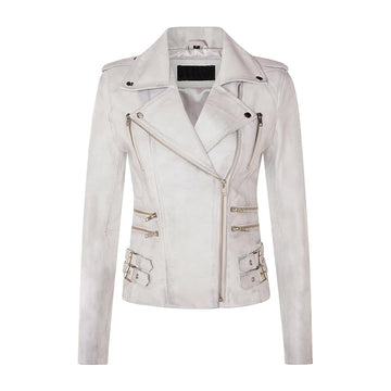 Ladies Leather Biker Jacket White Real Lamb Vintage Gothic Buckle Jacket