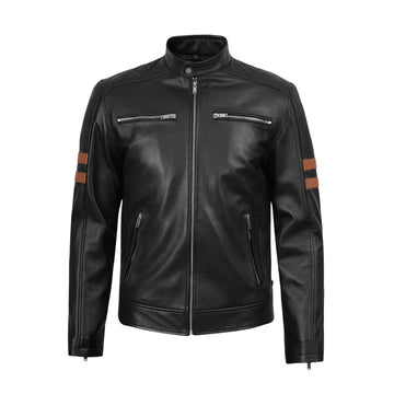 Men's Leather Motorcycle Jacket, Black with Brown Arm Stripes, Zip Front, Stand