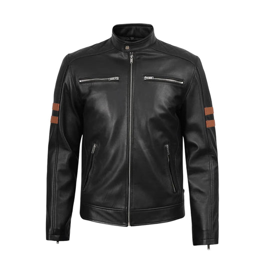 Men's Leather Motorcycle Jacket, Black with Brown Arm Stripes, Zip Front, Stand