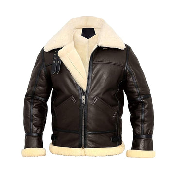 Men B3 Bomber Aviator Real Cream Fur Shearling Warm Genuine Leather Brown Jacket For Winter