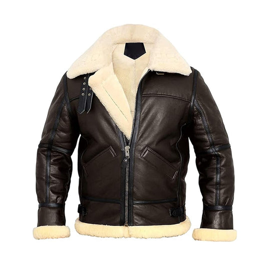 Men B3 Bomber Aviator Real Cream Fur Shearling Warm Genuine Leather Brown Jacket For Winter