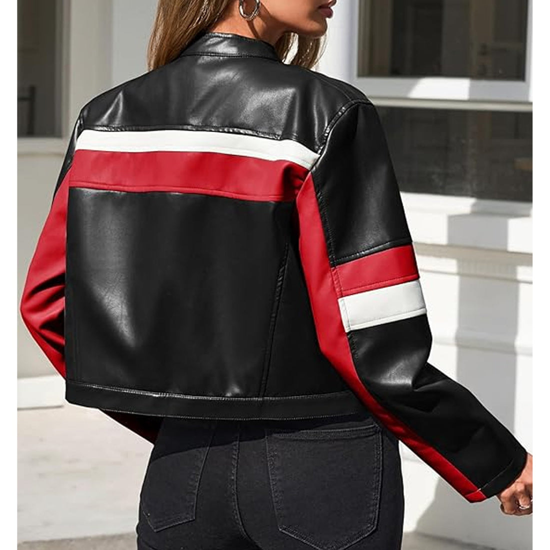 Women's Cropped Moto Biker Jackets Leather Bomber Jacket Color Block Vintage Racing