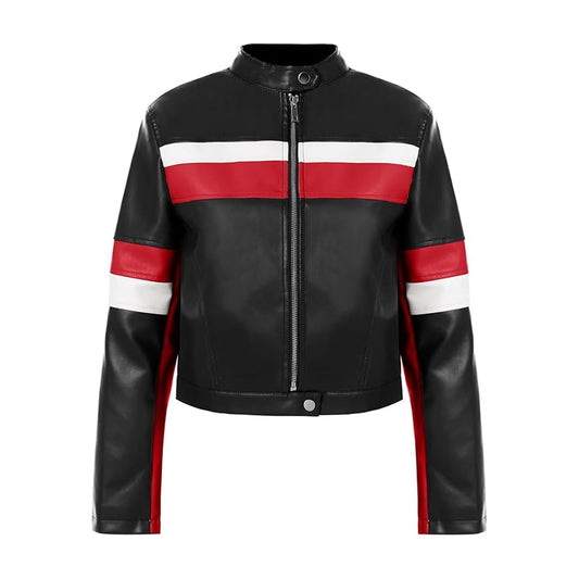 Women's Cropped Moto Biker Jackets Leather Bomber Jacket Color Block Vintage Racing