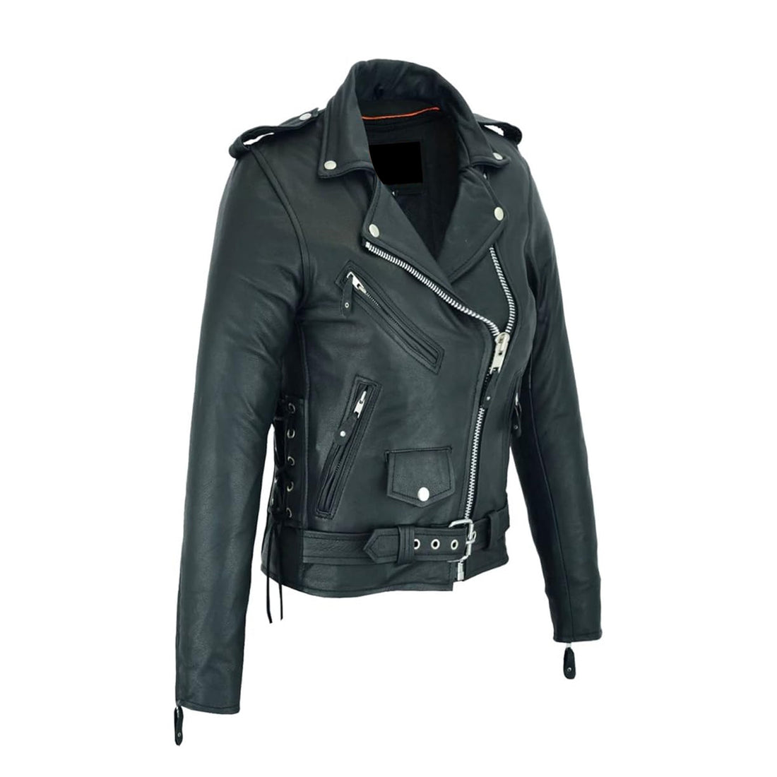 Women’s Classic Leather Motorcycle Jacket with Zip Out Lining, Biker Jacket for Ladies with Side Laces, Black