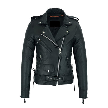 Women’s Classic Leather Motorcycle Jacket with Zip Out Lining, Biker Jacket for Ladies with Side Laces, Black