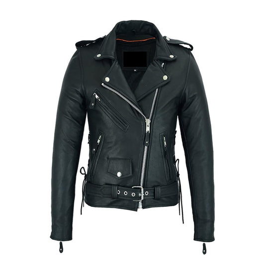 Women’s Classic Leather Motorcycle Jacket with Zip Out Lining, Biker Jacket for Ladies with Side Laces, Black