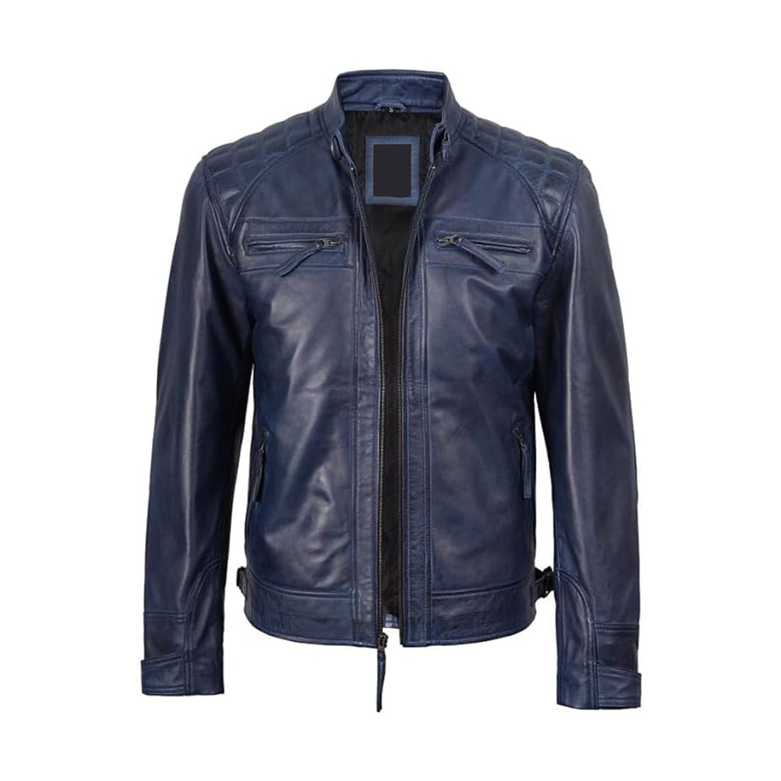 Men's Quilted Blue Leather Biker Jacket