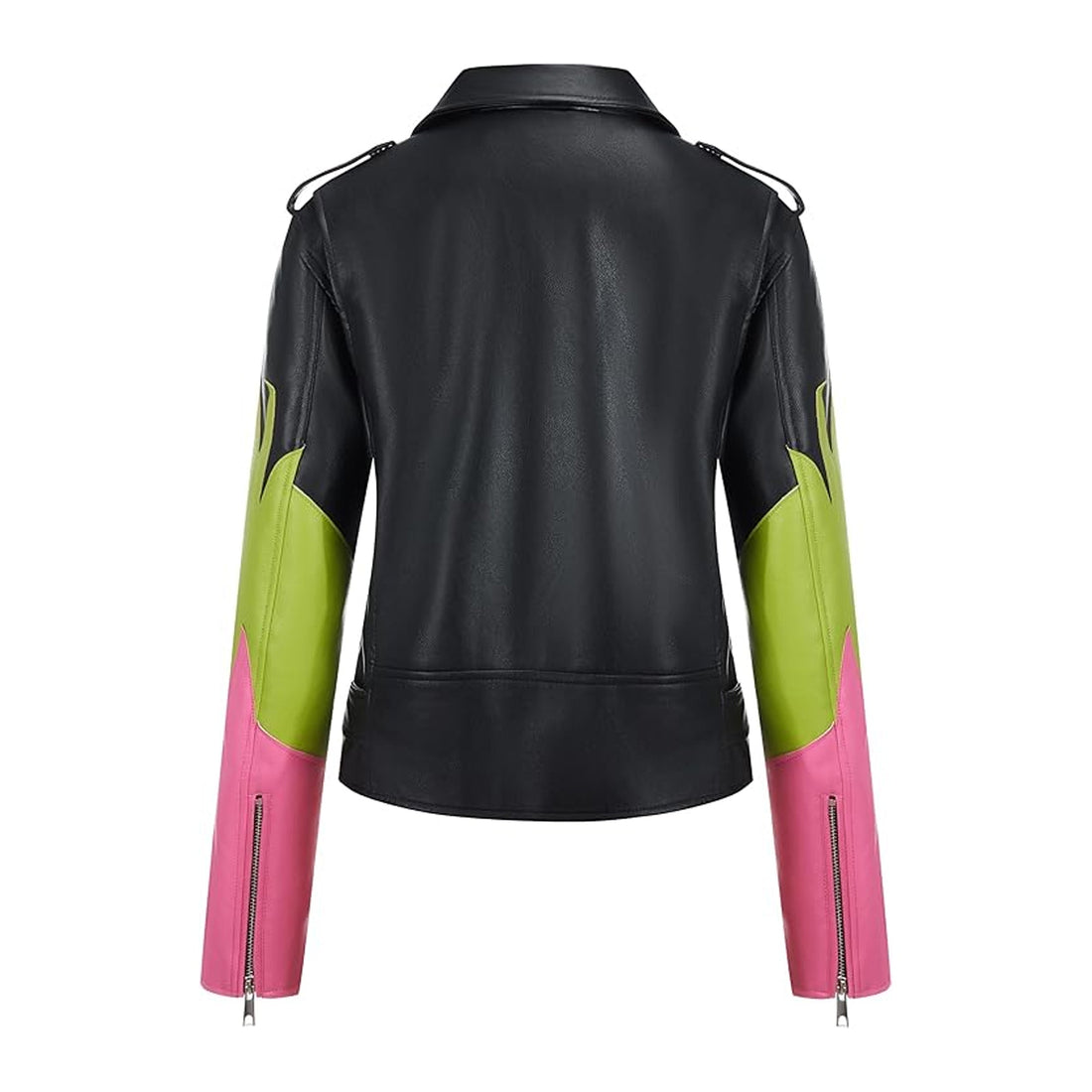 Women's Leather Jacket, Colorful Sleeve Design, Motorcycle Style Outerwear