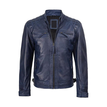 Men's Quilted Blue Leather Biker Jacket