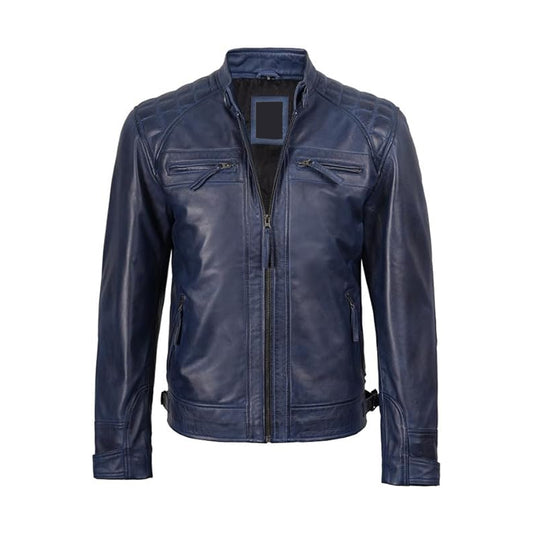 Men's Quilted Blue Leather Biker Jacket