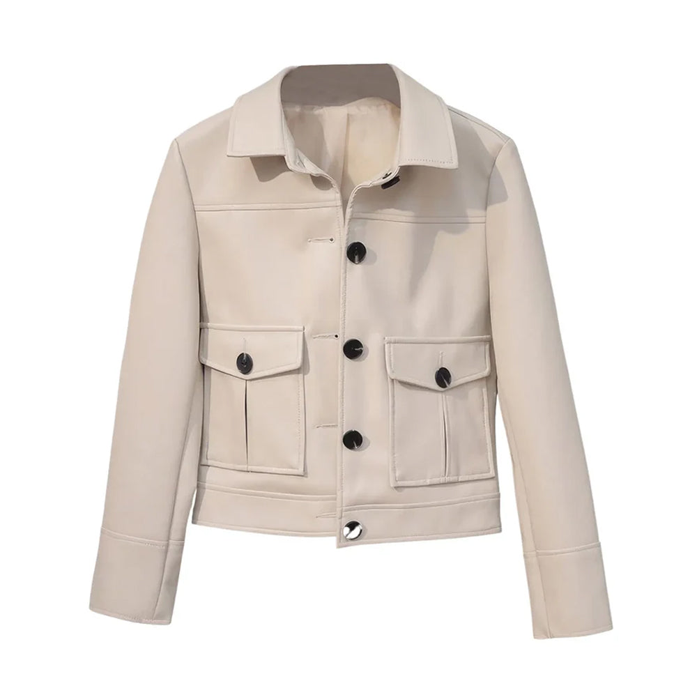 Beige/ Creame Genuine Sheepskin New York BikerWomen's Biker Leather Jacket, Motorcycle Sporty, Single Breasted Style