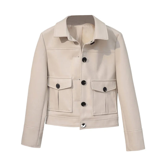 Beige/ Creame Genuine Sheepskin New York BikerWomen's Biker Leather Jacket, Motorcycle Sporty, Single Breasted Style