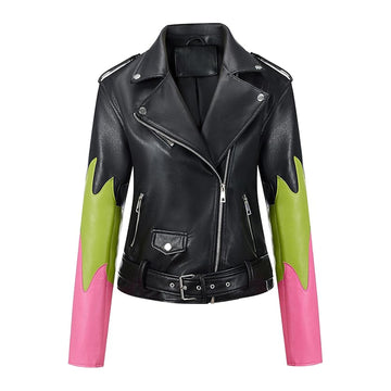Women's Leather Jacket, Colorful Sleeve Design, Motorcycle Style Outerwear