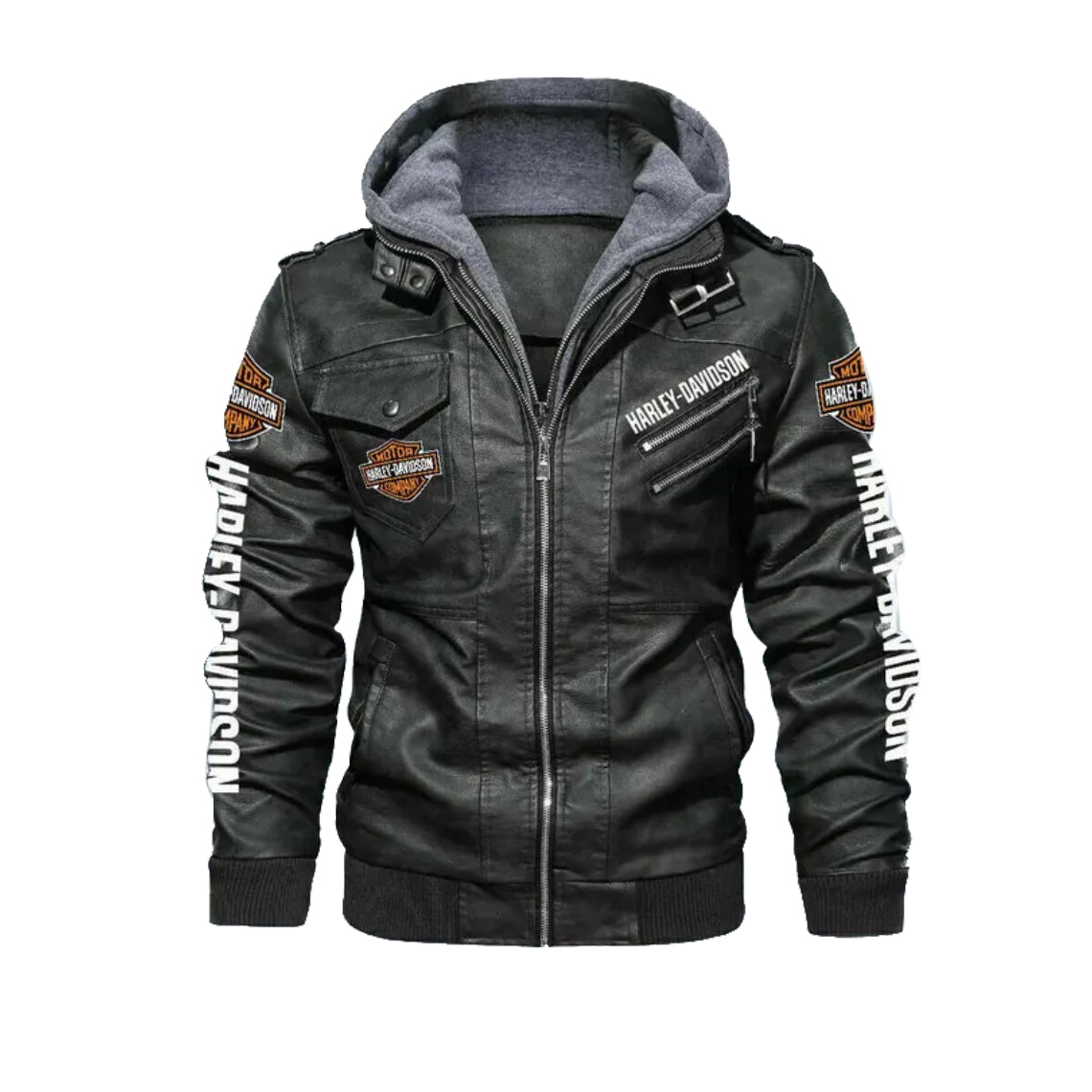 New Harley Davidson Cowhide Black Leather Biker Hoodie Jacket