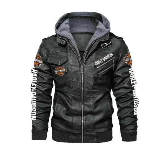 New Harley Davidson Cowhide Black Leather Biker Hoodie Jacket
